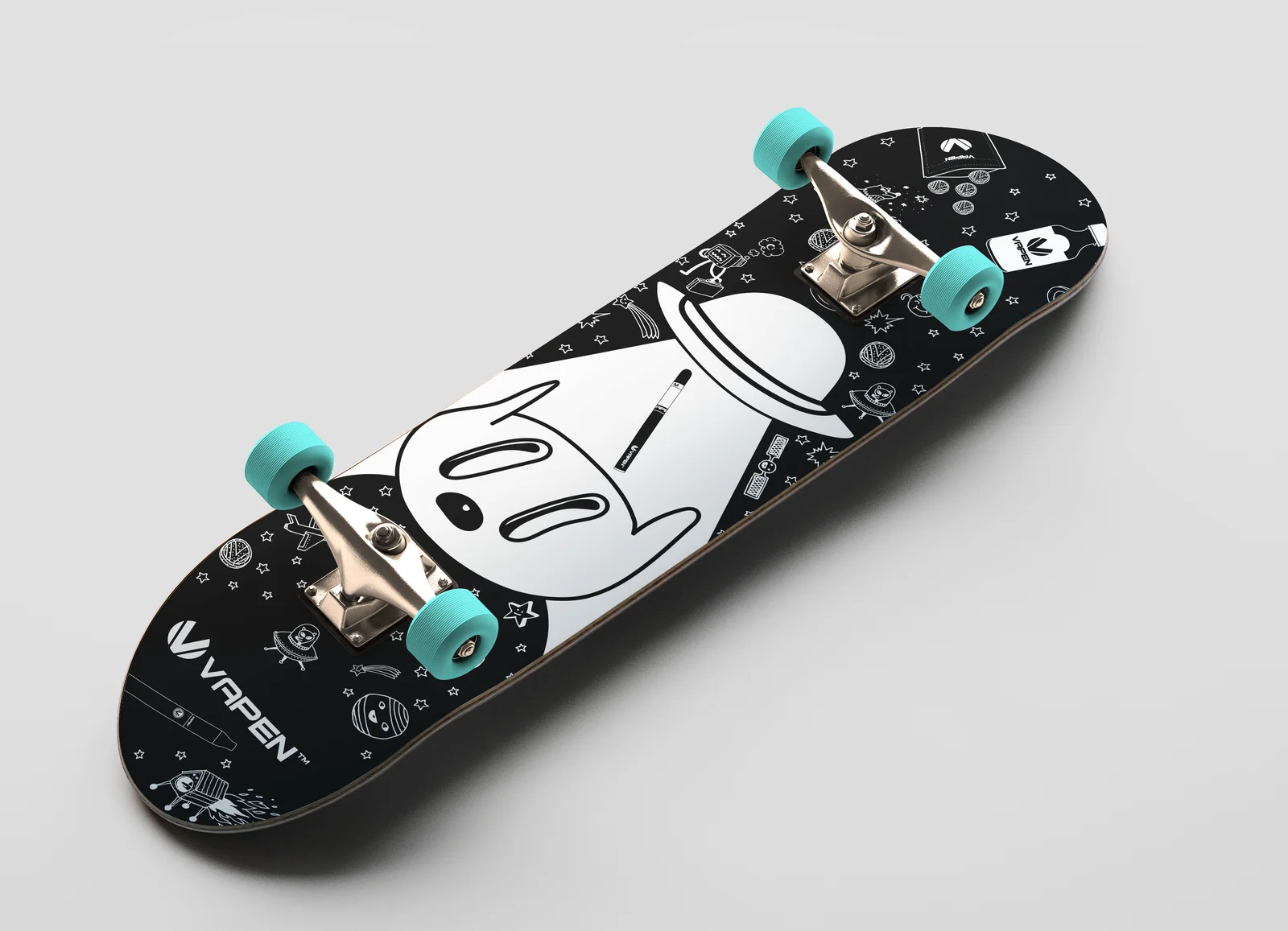 Vapen skateboard with an illustrated alien character