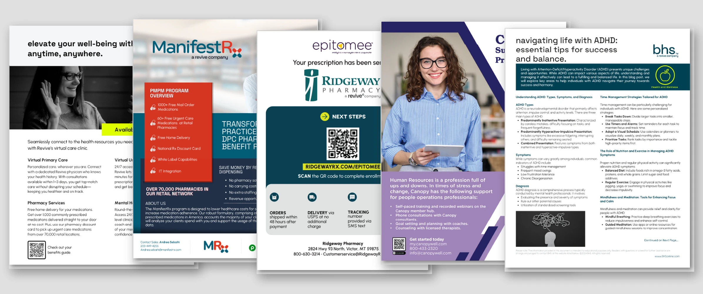Before: separate brand materials for BHS, ManifestRx, Ridgeway Pharmacy, Epitomee and Canopy, each with its own look