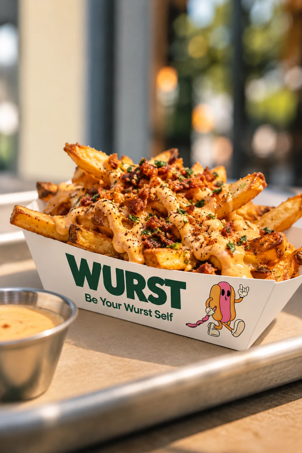 Loaded fries with bacon and sauce in a Wurst paper boat on a sunny table