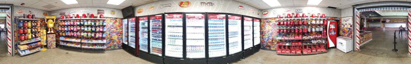 360 panorama of the stand before the redesign: plain walls, coolers and racks with no zones