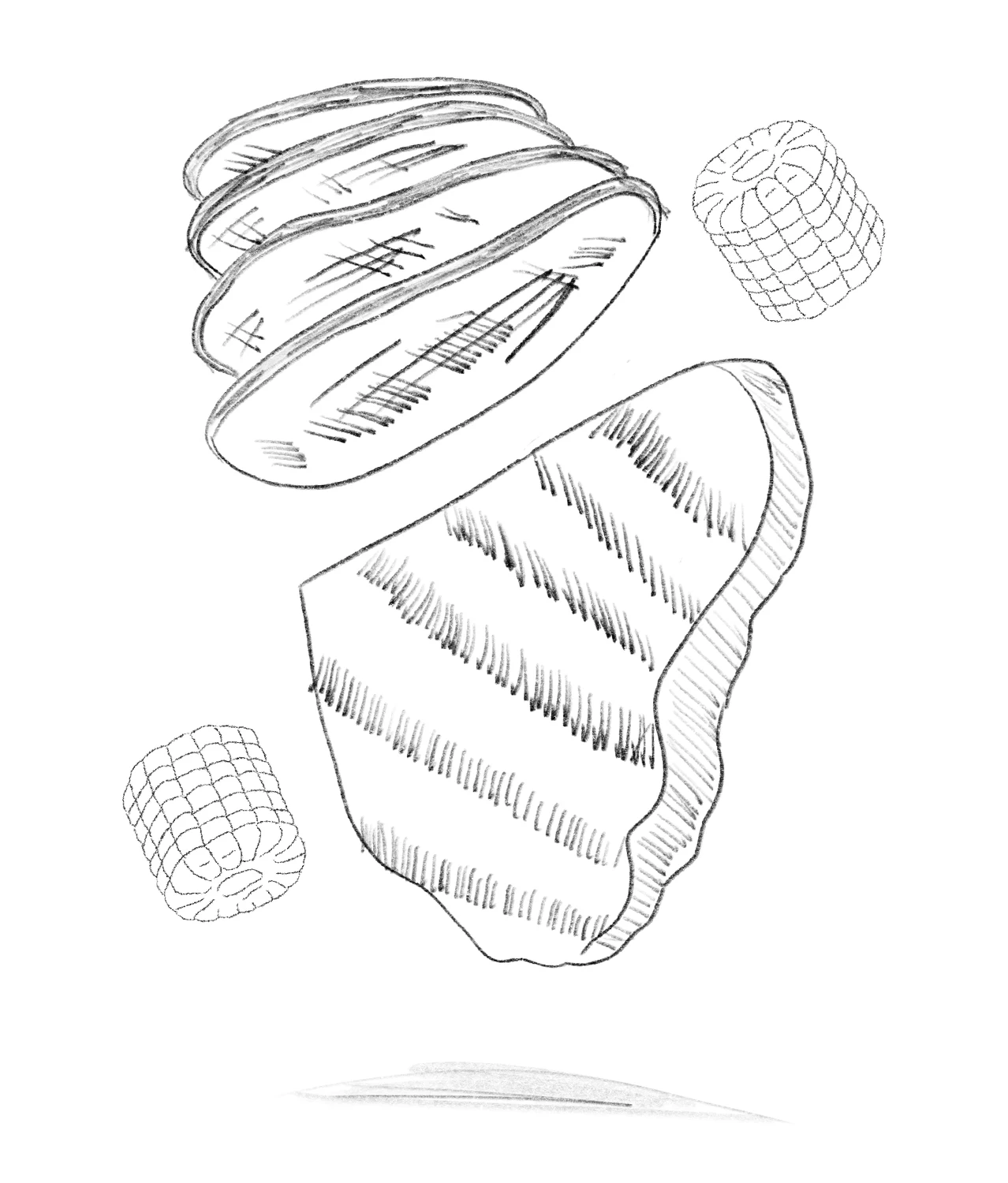 Pencil sketch of a floating brisket with slices and corn
