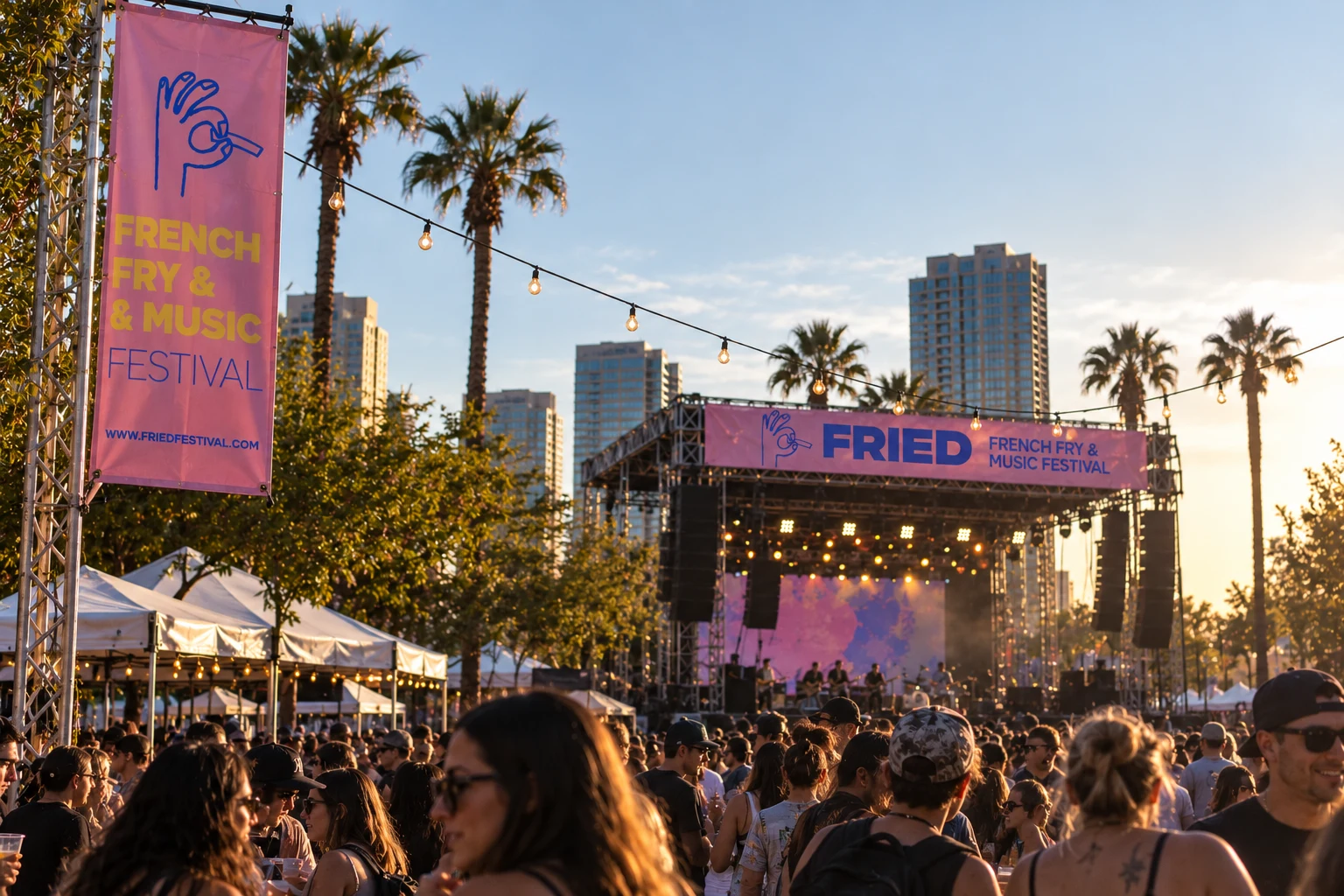 FRIED stage banner and pink street banner over a festival crowd at sunset