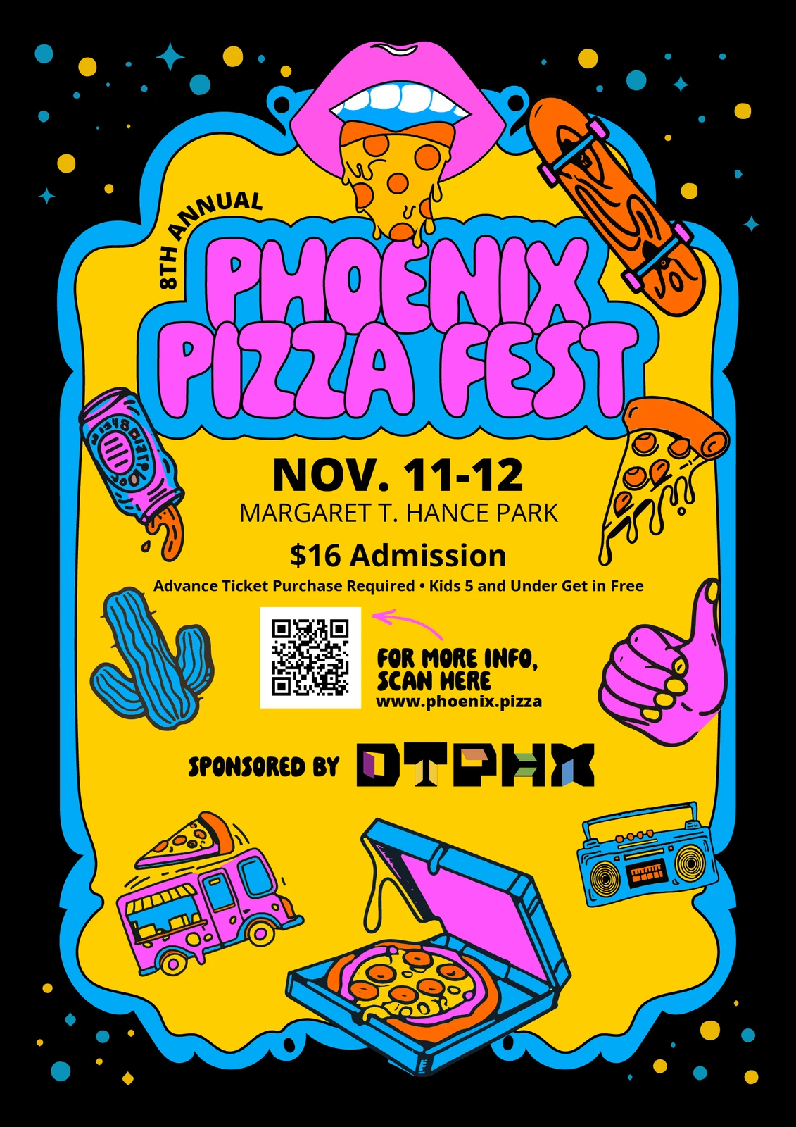 Phoenix Pizza Fest poster with lips, pizza slices and cartoon icons on yellow