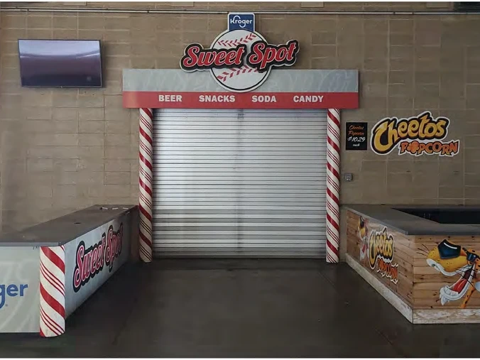 The Sweet Spot before the redesign: a shuttered stand with dated signage