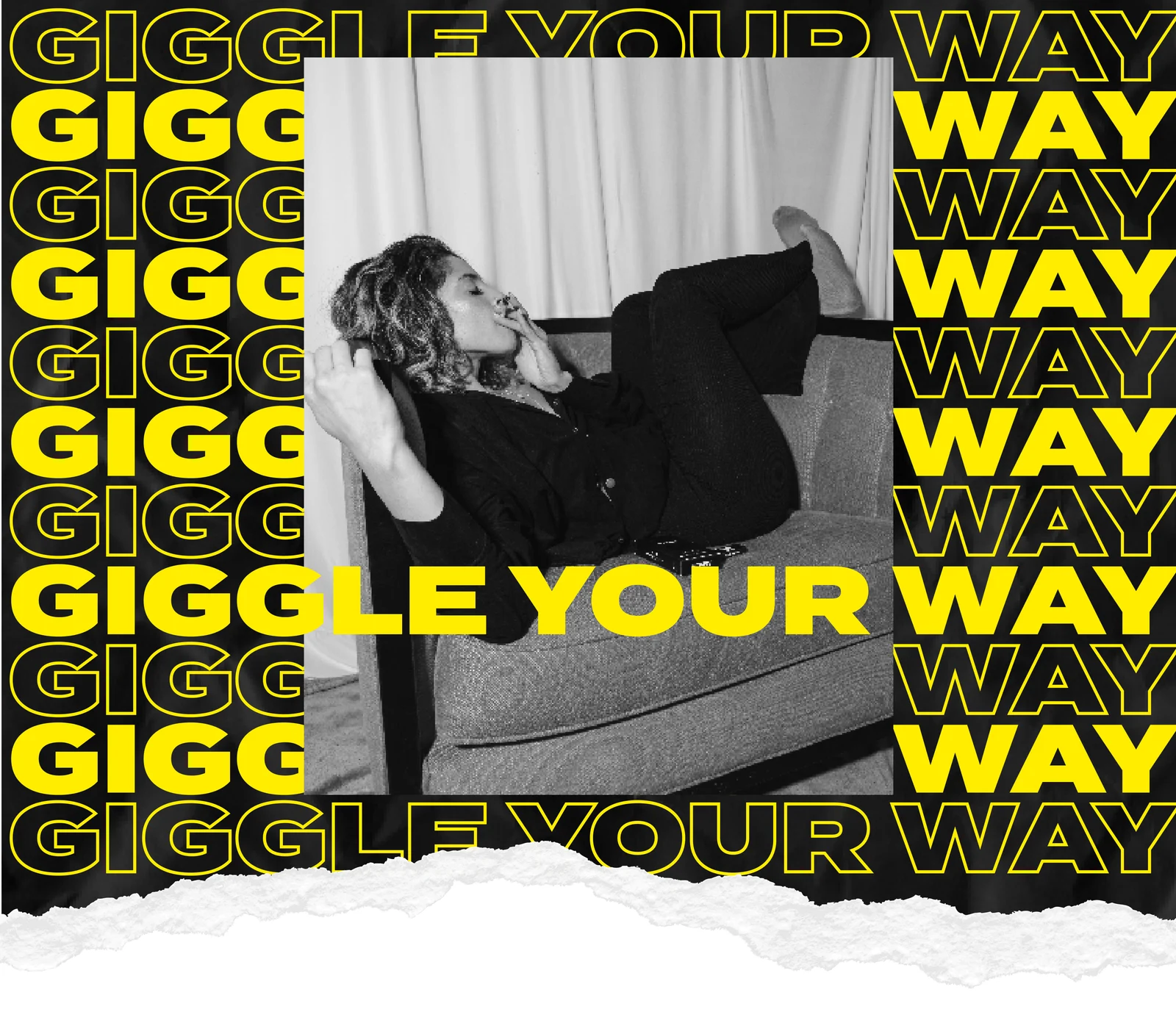 Giggle Your Way graphic in yellow type around a black and white photo