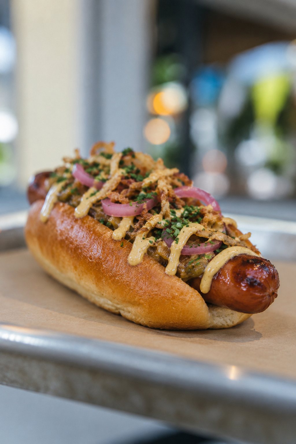 Hot dog topped with crispy onions, pickled red onion and mustard sauce