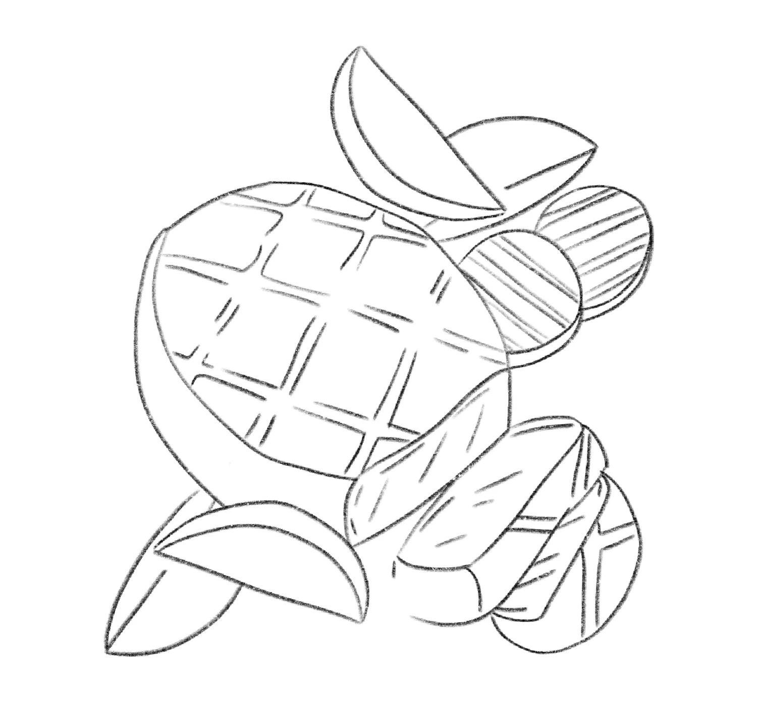Pencil sketch of a floating roast with sliced pieces and potato wedges