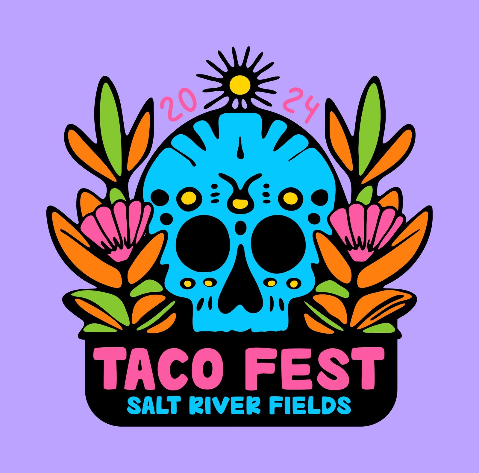 Taco Fest 2024 logo: a blue sugar skull framed by flowers, with Taco Fest Salt River Fields below