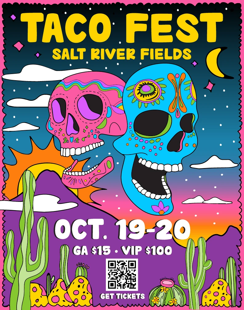 Taco Fest poster with neon sugar skulls and cactus at Salt River Fields