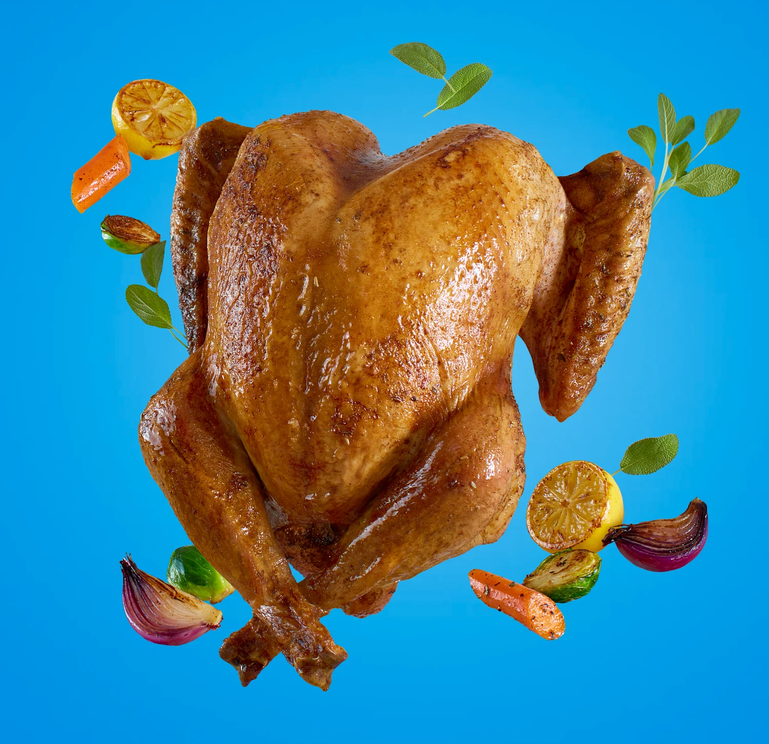 Kroger campaign: a floating roast turkey with lemons, sage, onions and Brussels sprouts on blue
