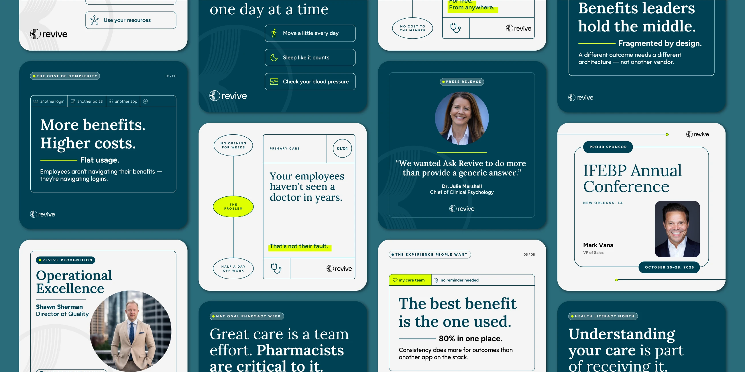 A wall of Revive LinkedIn graphics built on the design system