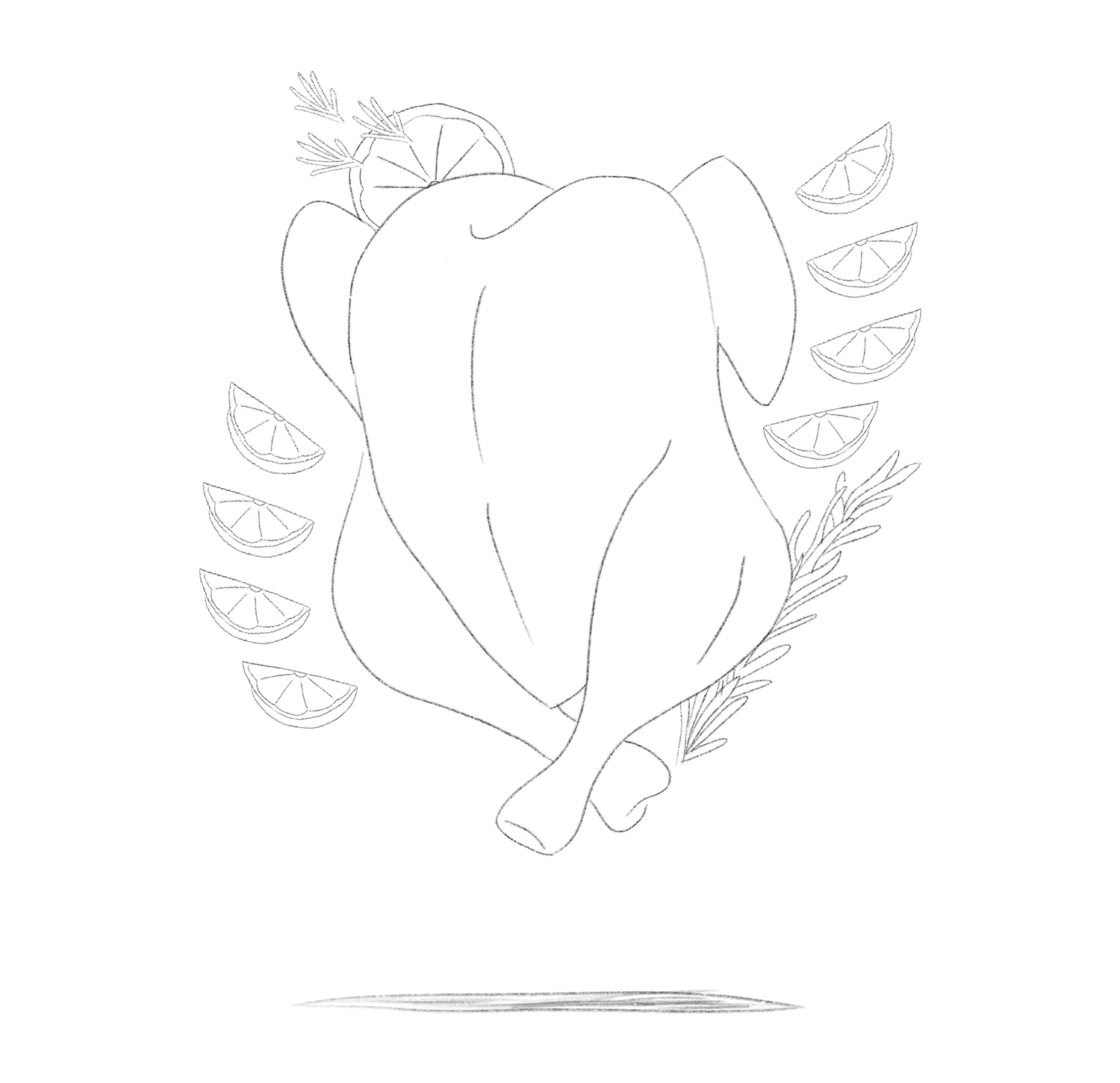 Pencil sketch of a floating turkey framed by lemon wedges and rosemary