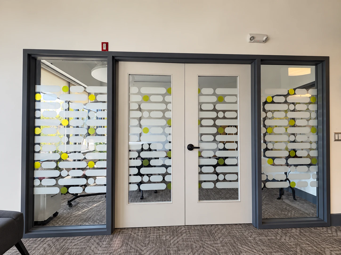 Meeting room doors and windows with frosted pill-and-dot privacy film