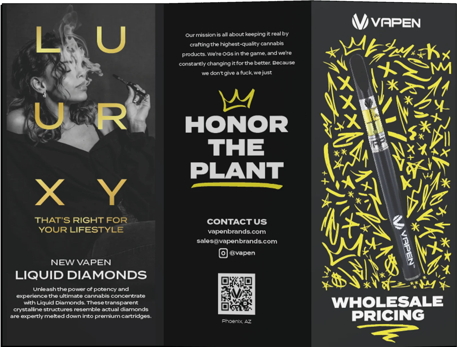 Vapen wholesale brochure: Liquid Diamonds, Honor the Plant and wholesale pricing panels