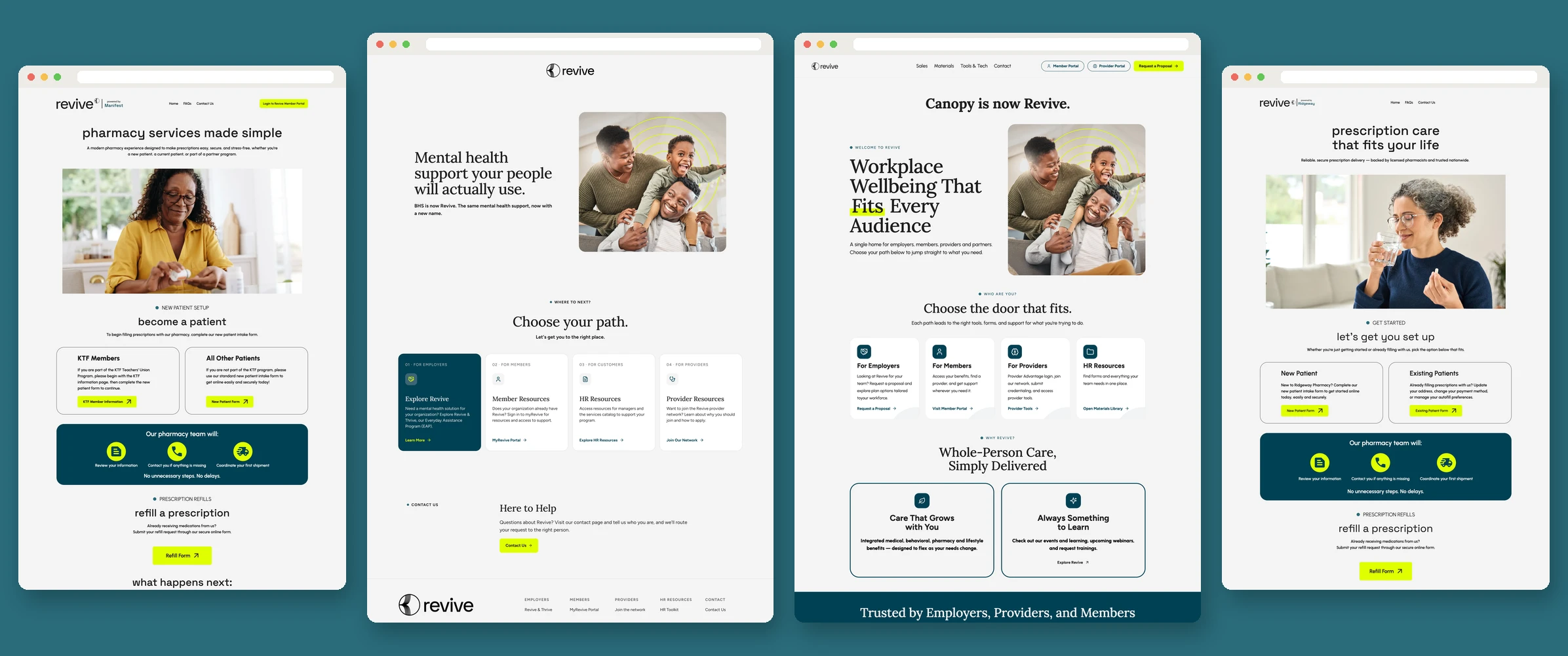 After: the ManifestRx, BHS, Canopy and Ridgeway sites rebuilt on the Revive brand