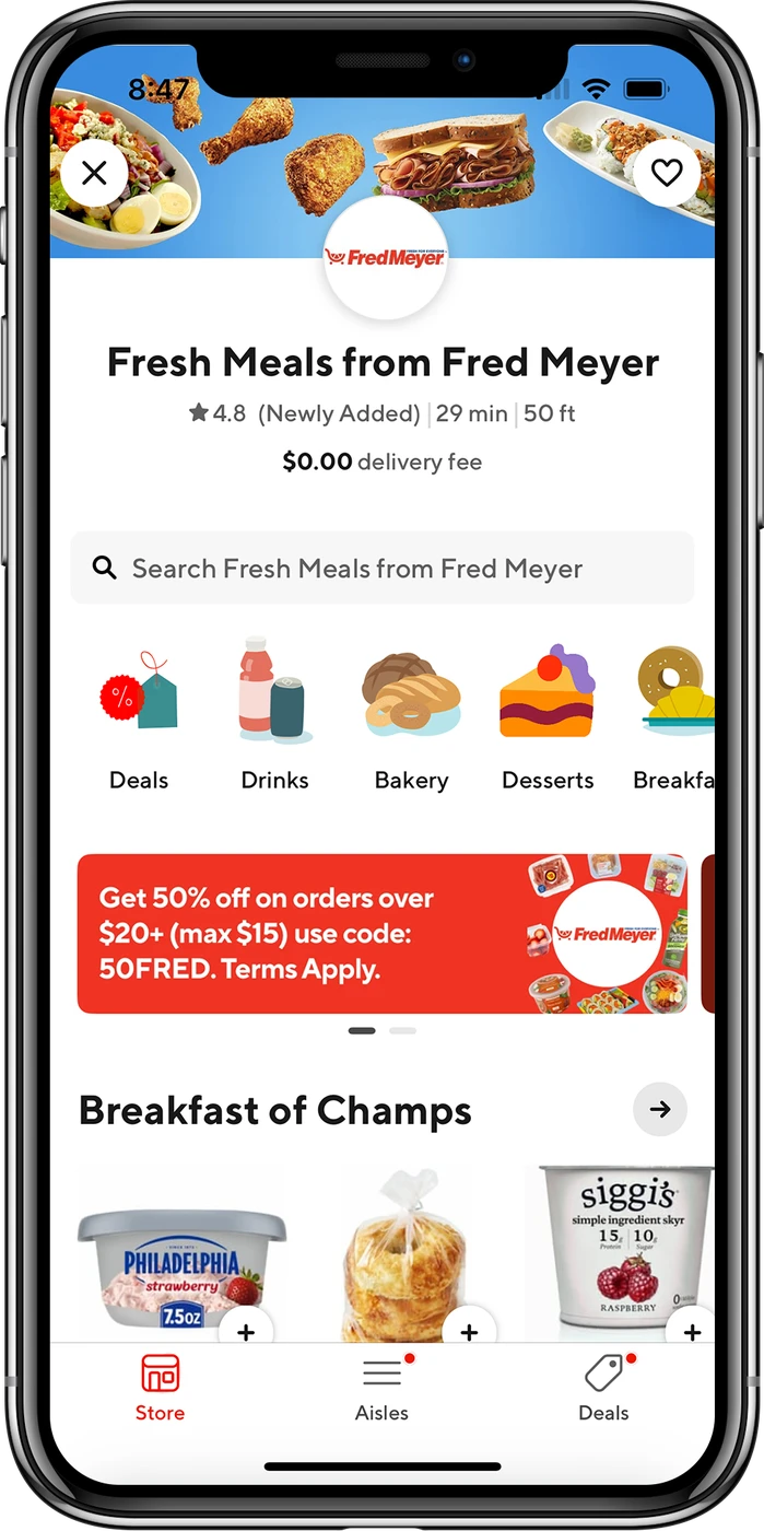Fresh Meals from Fred Meyer storefront on DoorDash shown on a phone