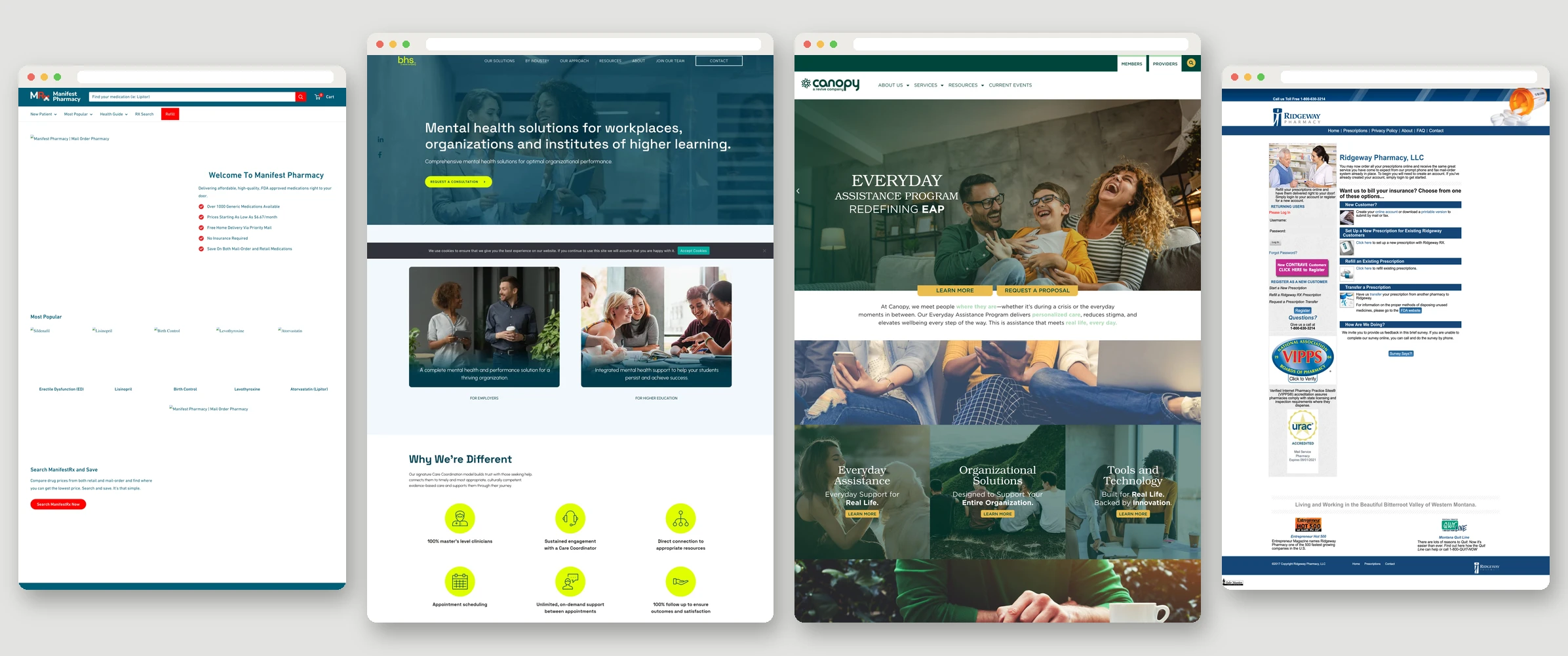 Before: four separate websites for ManifestRx, BHS, Canopy and Ridgeway Pharmacy, each with its own look