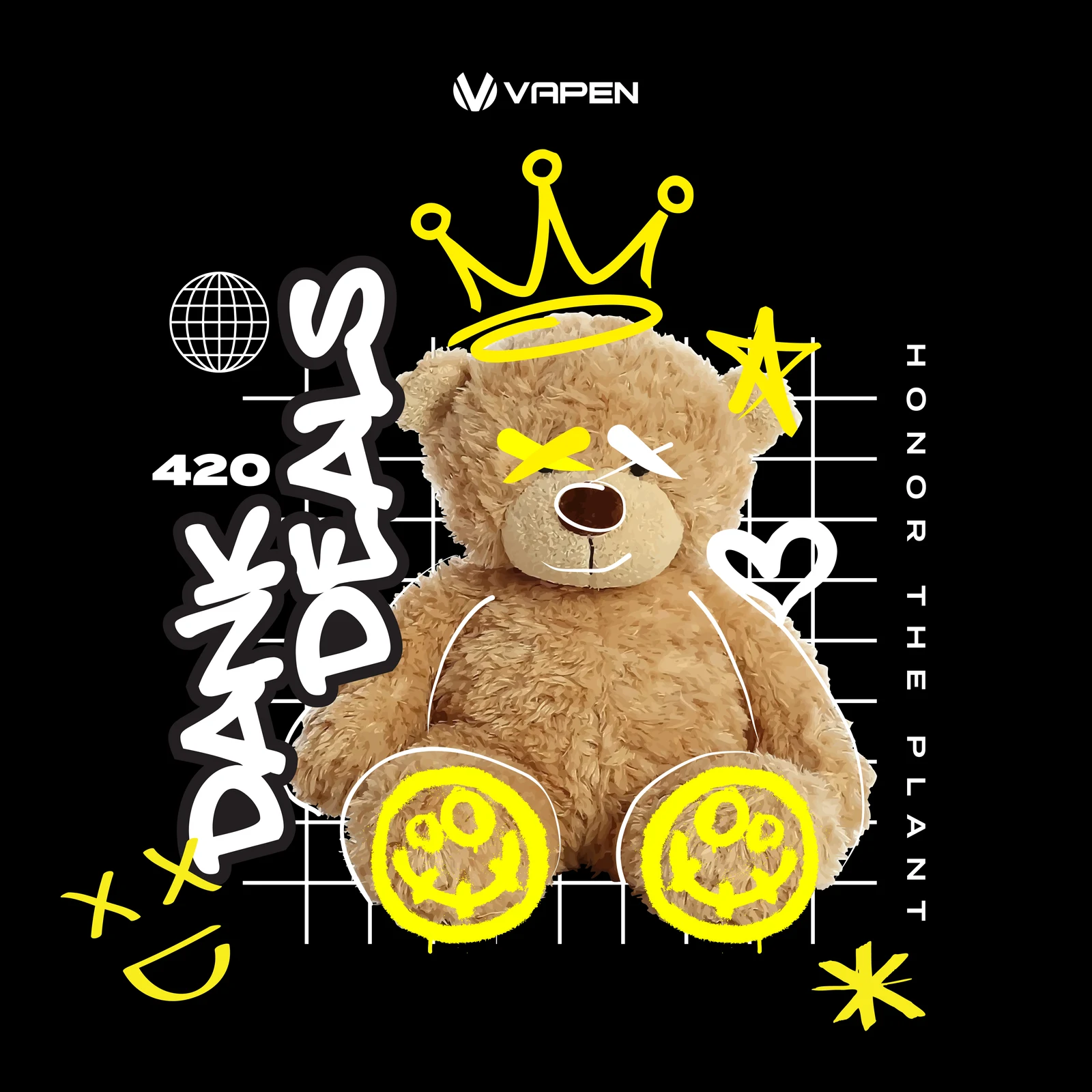 Dank Deals 420 graphic: a teddy bear tagged with a yellow crown on a grid, with Honor the Plant down the side