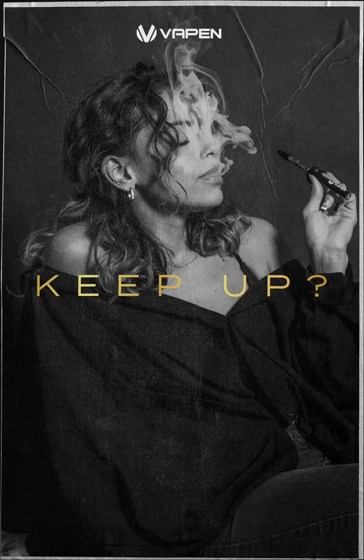 Liquid Diamonds teaser poster: KEEP UP?, black and white with gold type