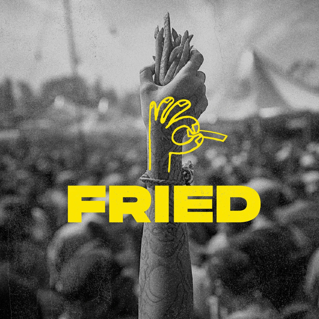 FRIED logo in yellow over a black and white festival crowd, a hand raising a fistful of fries