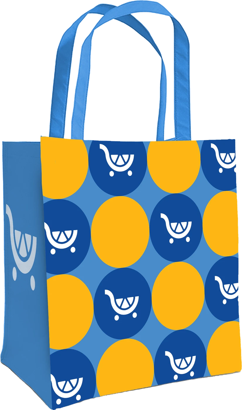 Kroger reusable bag with a blue and yellow cart pattern