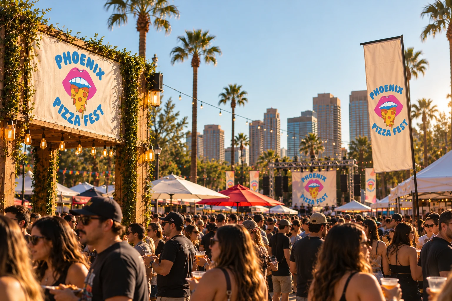 Phoenix Pizza Fest banners and flags over a crowd with the downtown skyline behind