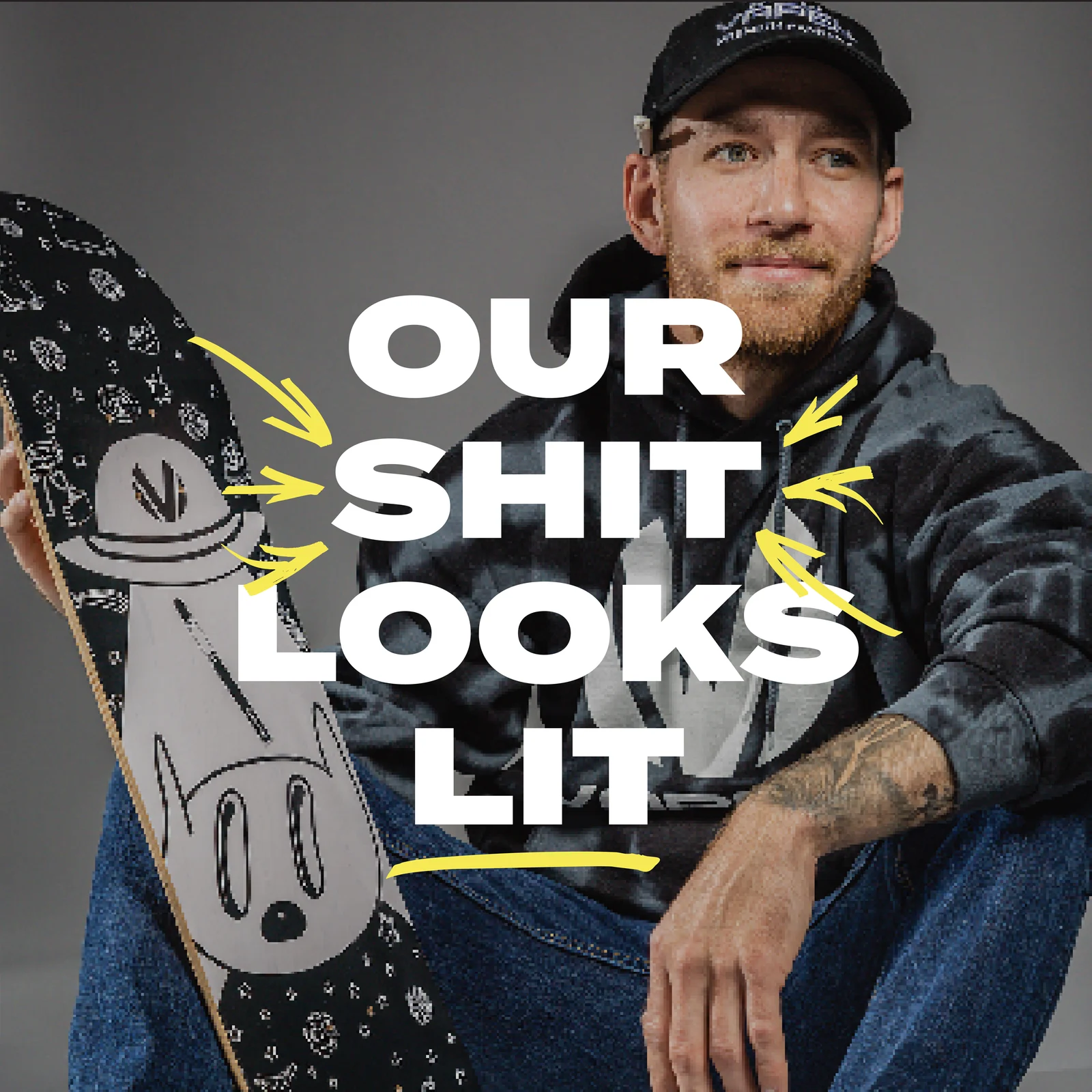 Social post reading Our Shit Looks Lit over a merch photo