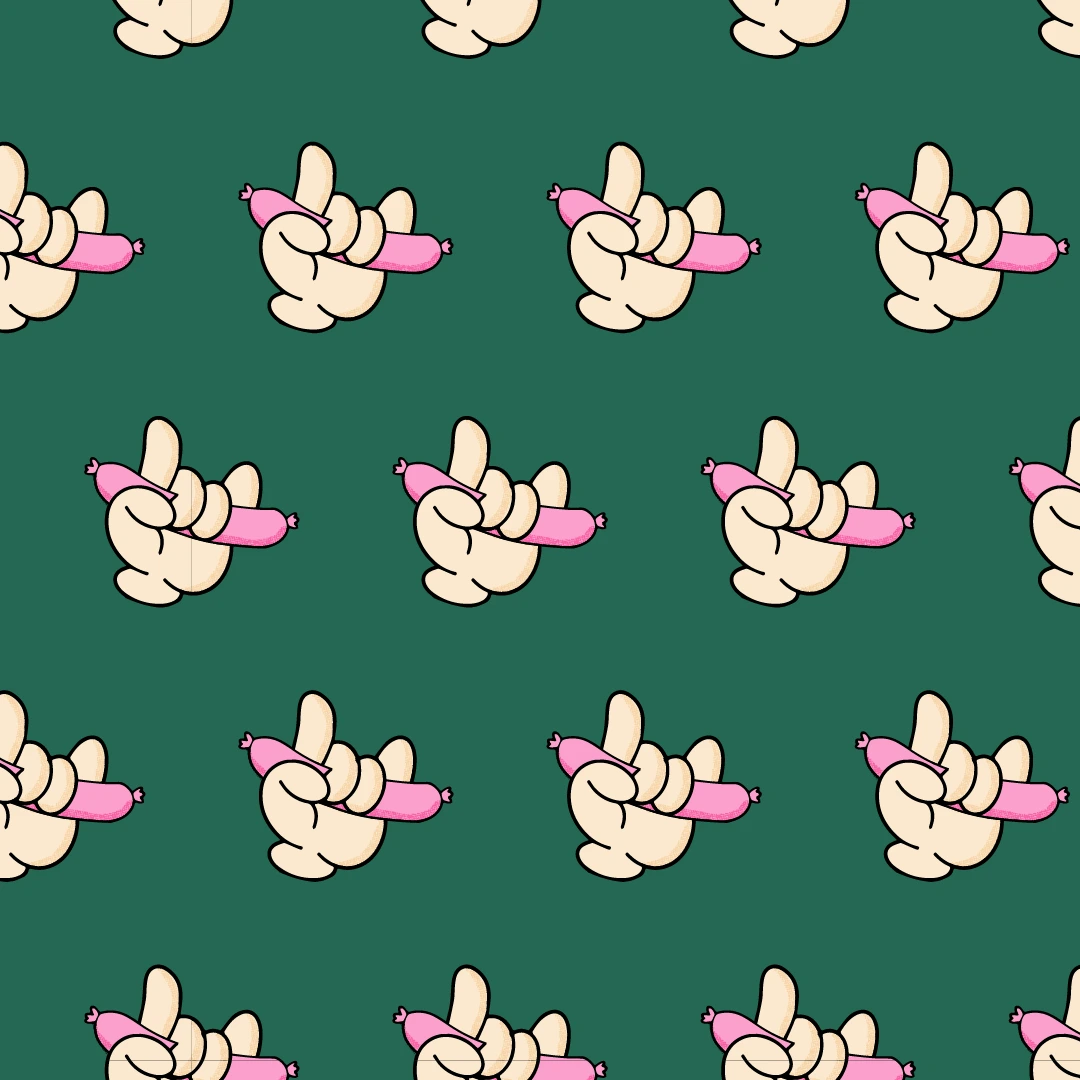 Rock-on hand and sausage pattern on green