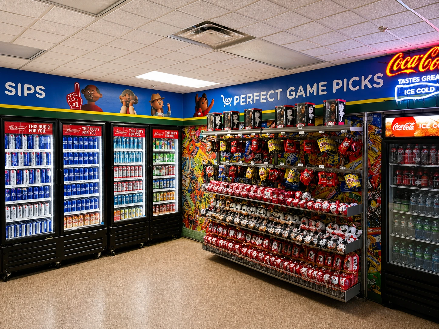 Perfect Game Picks wall with Reds merch and a neon Coca-Cola sign