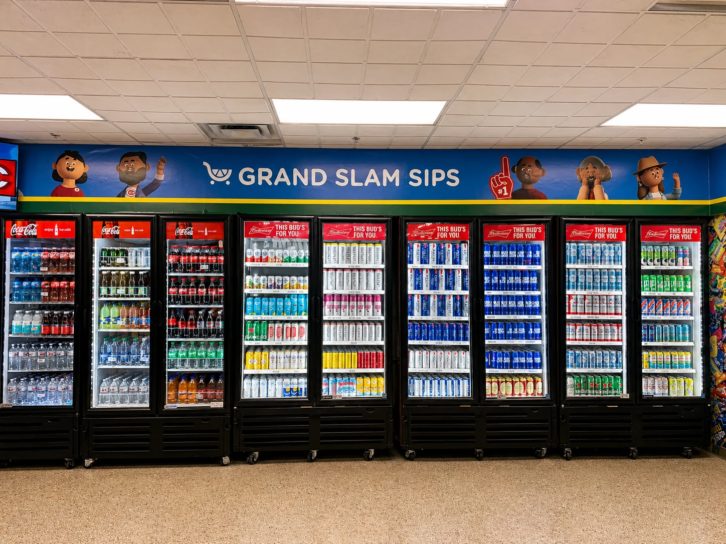 Grand Slam Sips cooler wall with Kroji characters on the soffit