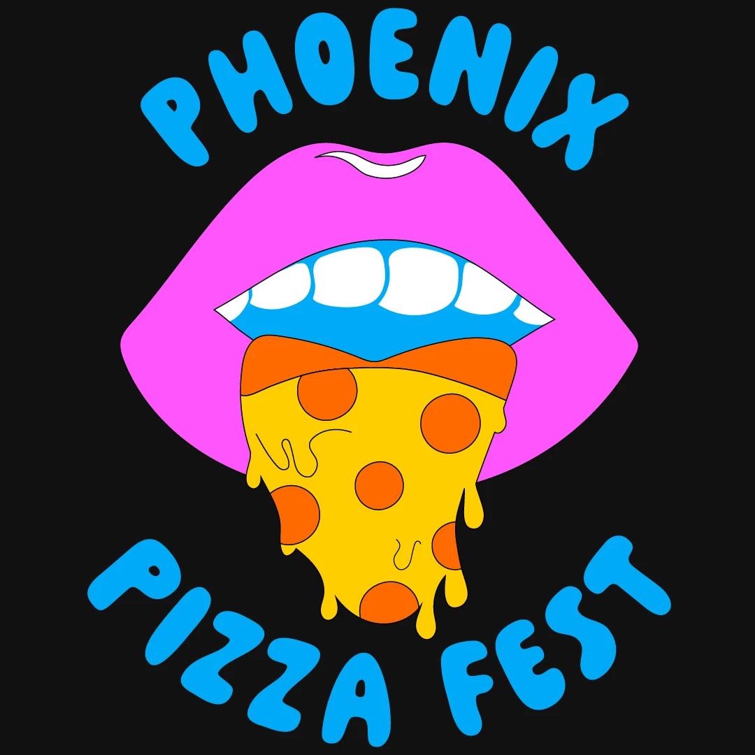 Phoenix Pizza Fest logo: pink lips biting a dripping pepperoni slice, with bubbly blue type, on black